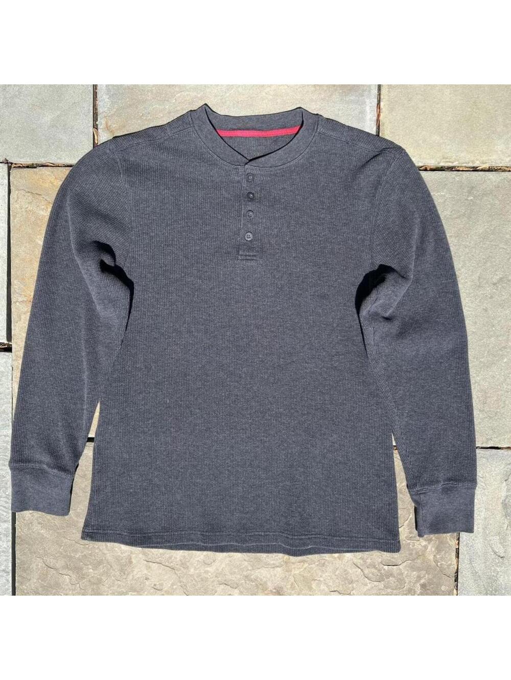 Neo Vintage Y2K Dark Grey Heather Waffle Knit Thermal Henley